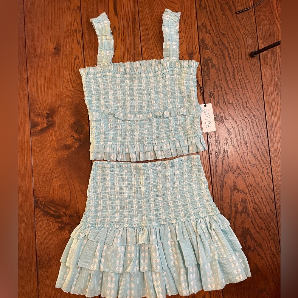SAYLOR: Celina Smocked Set Blue - Size Small Top & Skirt